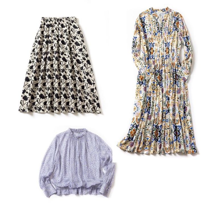 セオリーの小花柄ブラウス、ハウスオブロータスの花柄ワンピ、リエスのモノトーン花柄スカート