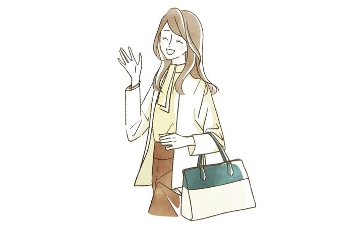 手を振り挨拶をする笑顔の女性のイラスト