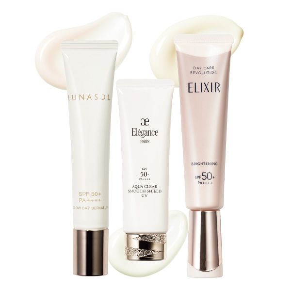 【左】ルナソル グロウデイセラム UV 【中】エレガンス アクアクリア スムース シールド UV 【右】エリクシール デーケアレボリューション ブライトニング ＋ ba