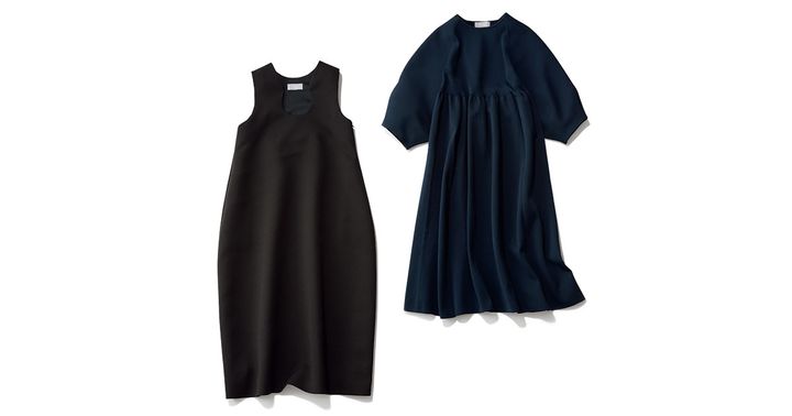 hLM.の胸元にカッティングの入ったワンピースとトップ部分がリブ編みで袖とスカート部分がミラノリブ編みになったワンピース