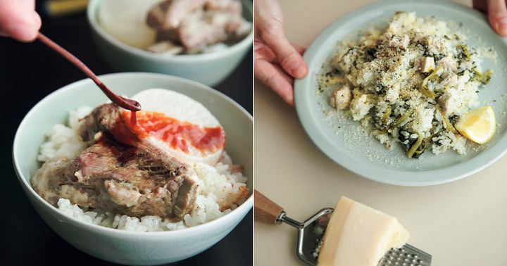 大根とスペアリブの炊き込みごはんとほうれん草と豚の炊き込みごはん