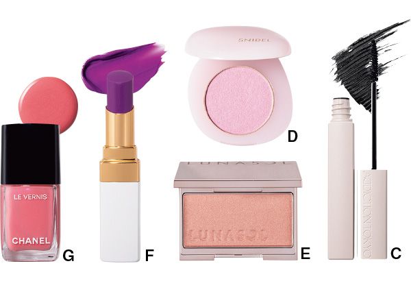 【C】ザ マスカラ カラーニュアンス WP “サイレンスト セレニティ” 【D】ユーフォリック グロウ ブラッシュ 【E】ルナソル カラーリング シアーチークス（グロウ） 【F】ルージュ ココ ボーム 【G】ヴェルニ 