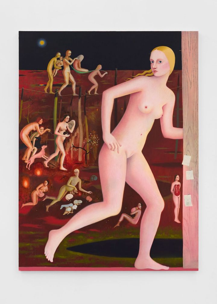 Sara Anstis, Running, Red, 2024. Oil on panel, 160 x 120 x 2.5 cm | 63 x 47 1/4 x 1 inches. Photo_ Stephen James. Courtesy of the artist, Kasmin and Perrotin.