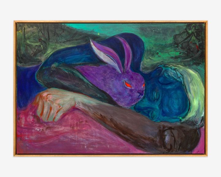 Rao Fu, The Man Sleeping, 2025. Acrylic on canvas in artist’s frame, 70 × 101 × 4 cm | 27 9/16 × 39 3/4 inch. Photo_ Herbert Boswank. Courtesy of the artist and Perrotin.