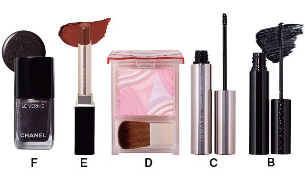 【B】ザ マスカラ インテンス ラッシュ 【C】ルナソル フェザリーアイブロウジェル 【D】ブレンドカラーチーク 【E】ベルベット フィット リップスティック 【F】ヴェルニ
