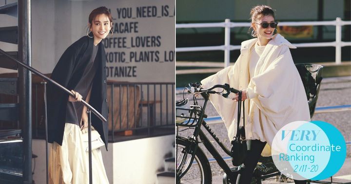 ドッキングワンピにコートを羽織った桐谷美玲さんと白のボリュームアウターにレギンスを合わせた咲和希さん