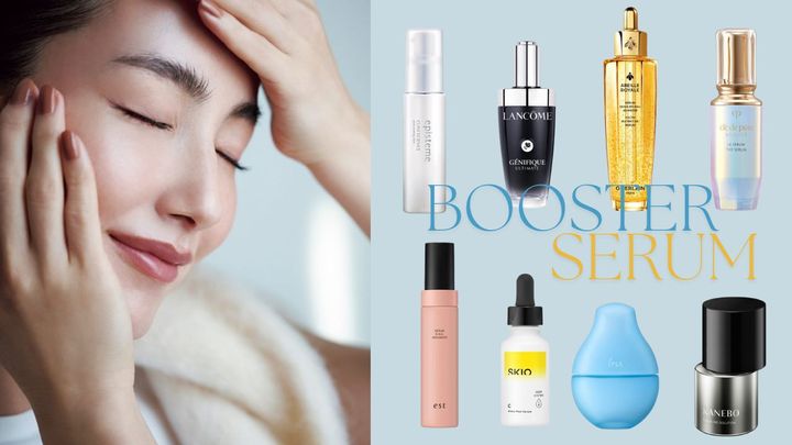 導入美容液の新作8本とスキンケアをするモデルのコラージュ