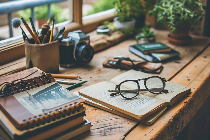 メガネ、本、アンティークな部屋