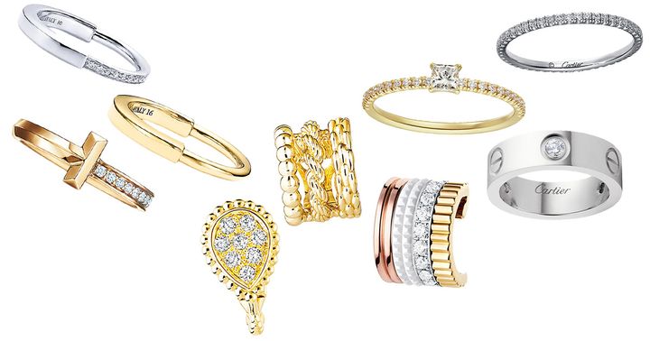 ティファニーの地金とダイヤ入りリングとカルティエのダイヤリングとブシュロンのダイヤ入りイヤリング