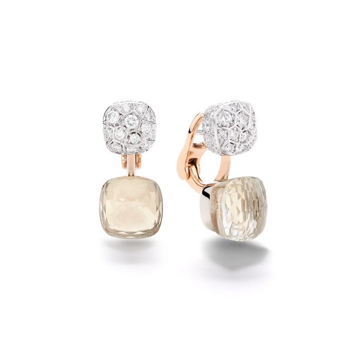 「ヌード」トワ・エ・モア イヤリング K18RG、K18WG、ホワイトトパーズ、ダイヤモンド ¥1,815,000／POMELLATO（ポメラート クライアントサービス 0120-926-035）Photo_ Courtesy of Pomellato
