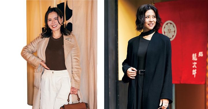 お寿司やさんの前に佇むおしゃれなママ２人