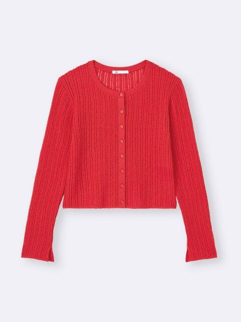 2025gu女性おすすめ春色ブークレ透かし編みカーディガン