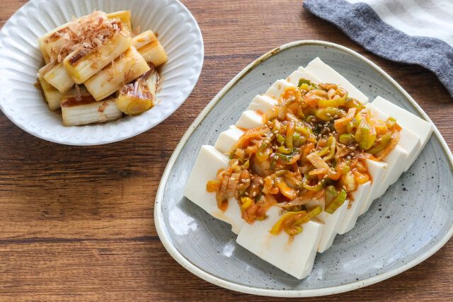 焼き長ねぎのめんつゆ浸し ピリ辛長ねぎの冷奴