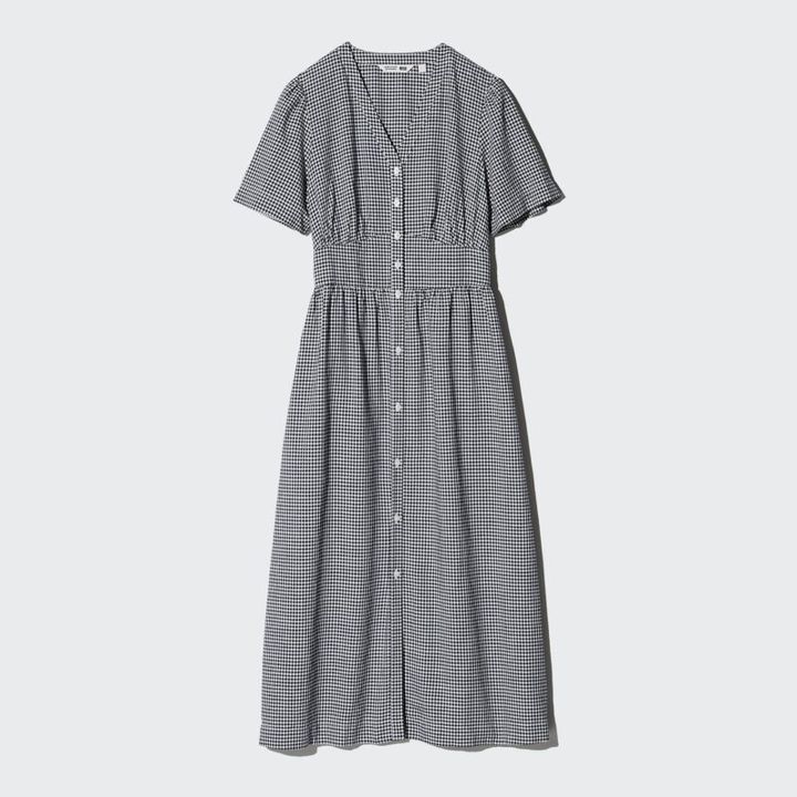 ユニクロ アンド コントワーデコトニエのリネンブレンドVネックワンピース チェック柄