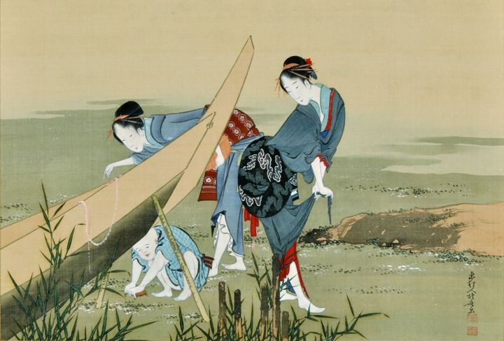 葛飾北斎, 潮干狩図, 絹本着色, 32.5 × 47.9 cm | 角匠