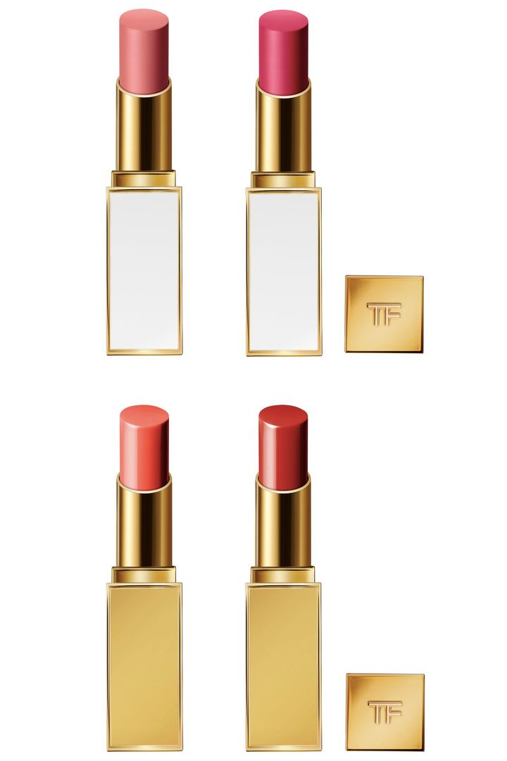 〈上〉ウルトラ シャイン リップ カラー 新4色〈写真は左から38、41〉 各￥8,250 〈下〉ソレイユ リップ バーム 全6色〈写真は左から02、04〉 各￥6,490（すべて3月7日発売）