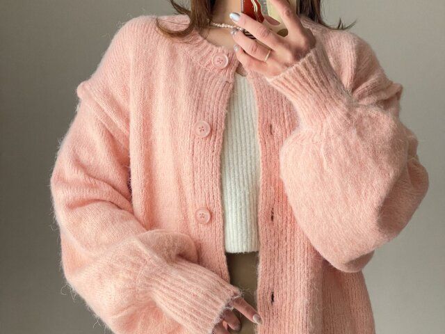 Louere ボリュームスリーブニットカーディガン ピンク