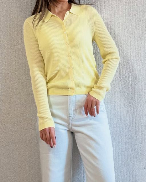 リブポロカーディガンを着たコーデ