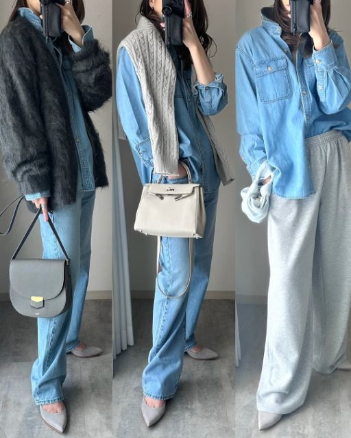 デニムオーバーサイズシャツを着たコーデ
