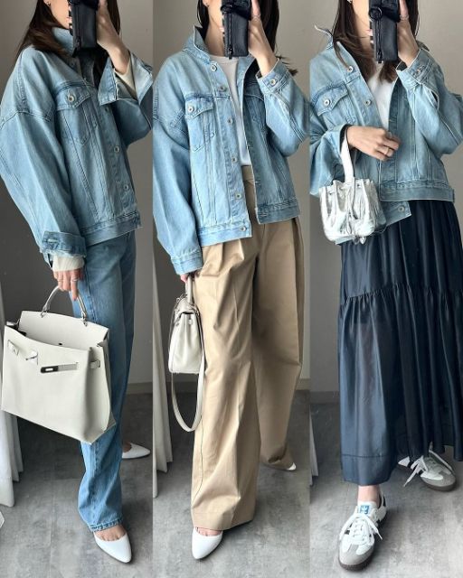 デニムオーバーサイズジャケットを着たコーデ
