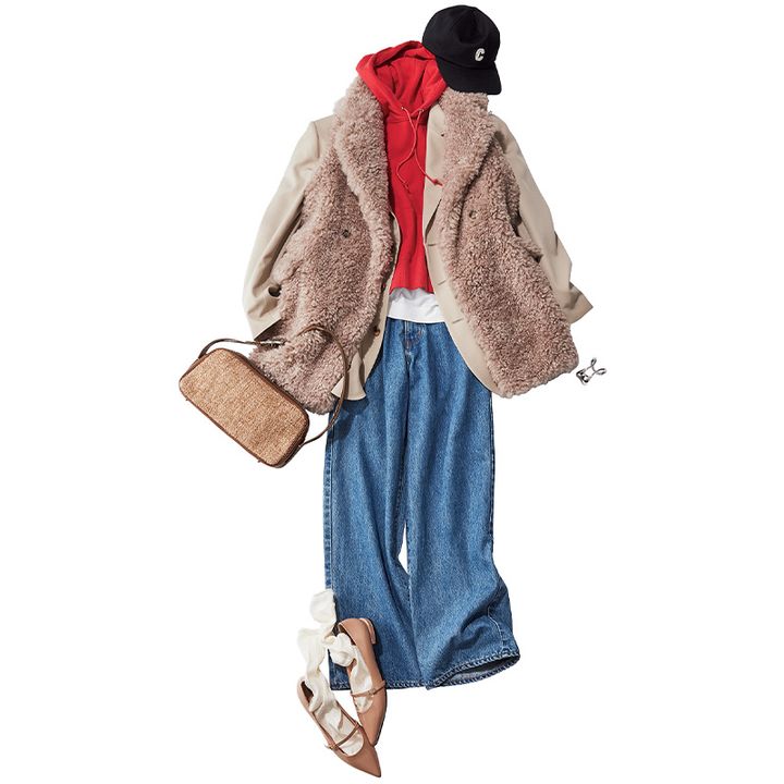 ボーイズっぽいゆるデニムをトラッドな配色で今っぽスポーティに味付け