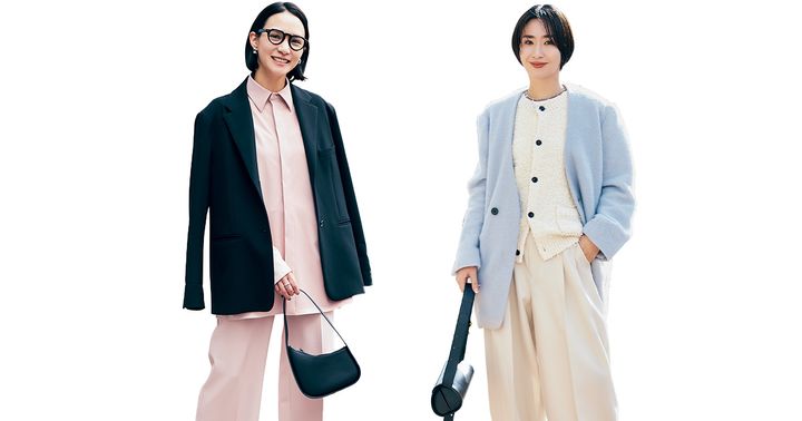 ピンクのセットアップに黒のジャケットを着たインターママと白のニットカーデとパンツにブルーのジャケットを羽織ったインターママ