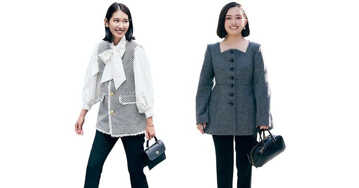 ボウタイブラウスにツイードジレを着た保育園ママと構築シルエットのジャケットを着た保育園ママ