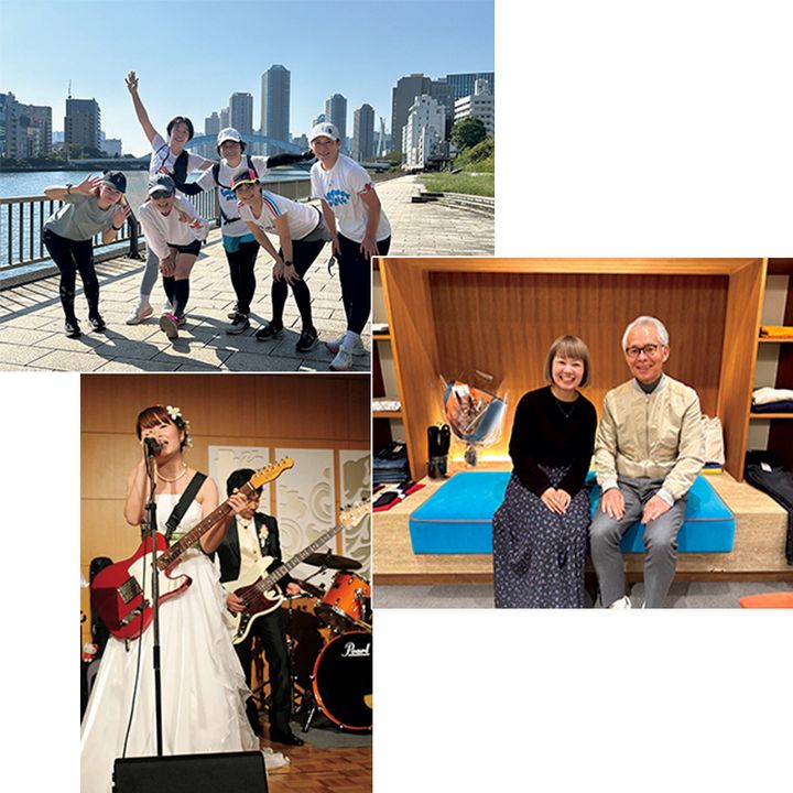 廣瀬礼子さんがジョイセフの先輩とランニングしている様子とシンゾーンの染谷社長との写真と結婚式で夫とバンド演奏を披露した様子