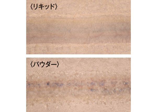 リキッドはムラがあって淡い。パウダーは薄くムラづきする