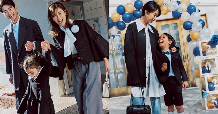 ツイードジャケットにボウタイブラウスとグレーパンツを合わせたママとロングシャツにコートジャケットとデニムを合わせたママ