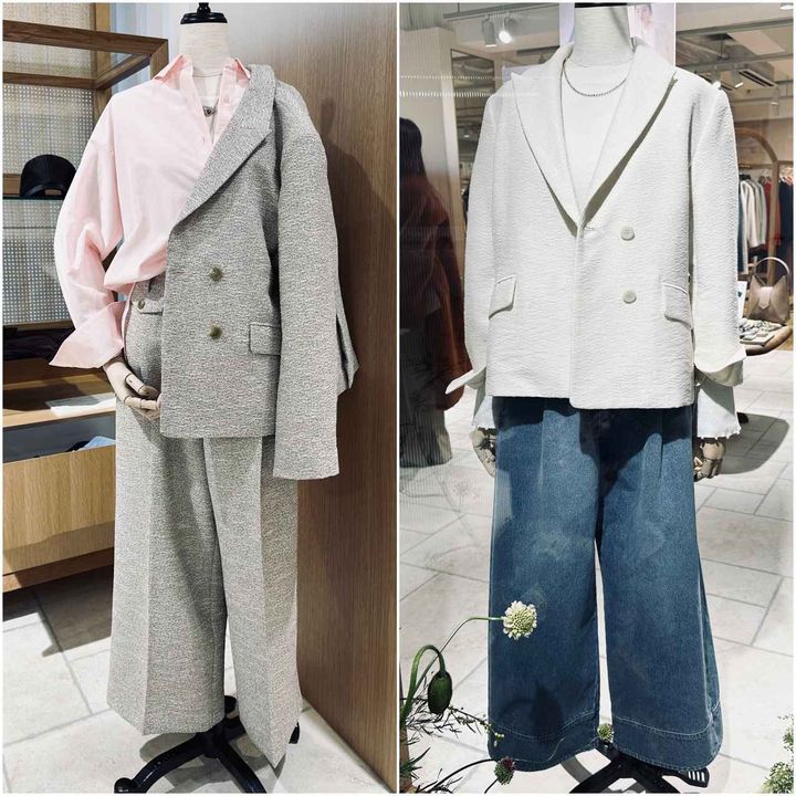 画像: （左）ツイードジャケット￥17,900・ツイードパンツ￥14,500・中に着たウィークエンドシャツ￥13,000（CHIE INUI コラボ）・（右）ツイードジャケット￥17,900・ハイウエストワイドタックデニム￥12,900／コヒナ cohina.net