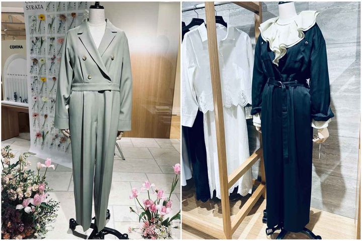 画像: （左）オールインワン￥17,900／コヒナ・（右）ジャンプスーツ￥28,900・中に着たラッフルブラウス￥17,000／エストラータ cohina.net