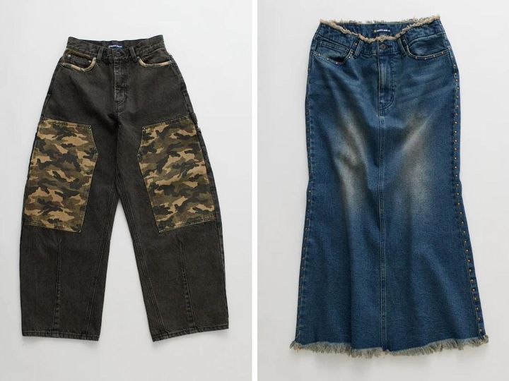 画像: 左「迷彩 ダブルニー フレアデニムパンツ」￥16,995、右「スタッズデニムマーメイドスカート」￥16,500 出典：【ノーティカ ジーンズ カンパニー】特設サイト