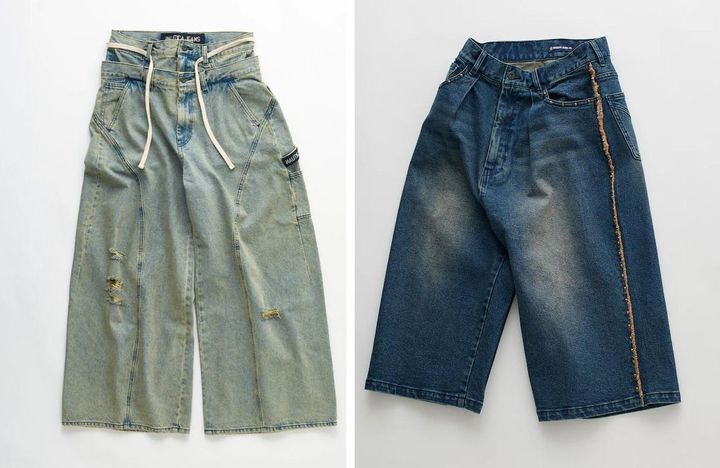 画像: 左「ダブルウェスト ディストレスド バギーカーブデニム」￥19,998、右「スタッズデニム 8分丈パンツ」￥19,800 出典：【ノーティカ ジーンズ カンパニー】特設サイト