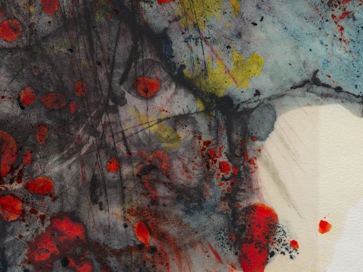 Oscar Murillo“(untitled) anterior chamber”, 2024 (detail) Oil on intaglio print<br /> 57 x 38 cm © Oscar Murillo. Courtesy of Taka Ishii Gallery / Photo_ Tim Bowditch and Reinis Lismanis