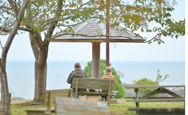 ベンチに座る老夫婦