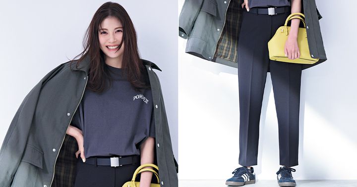 細身黒パンツをTシャツやカジュアルアウターやスニーカーで着こなす佐藤ありささん