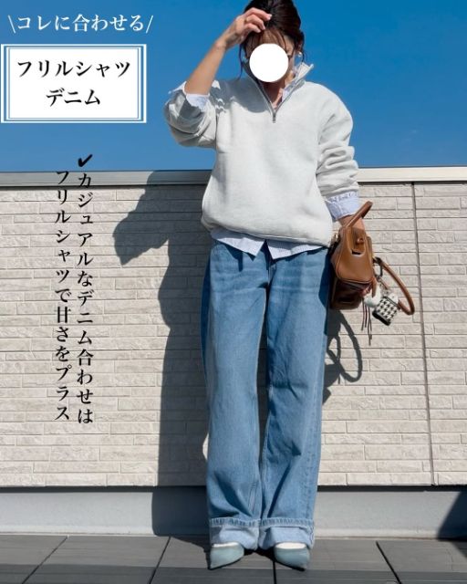 ヘビーウェイトスウェットハーフジッププルオーバーとデニムのコーデ