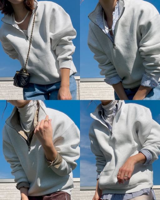 ヘビーウェイトスウェットハーフジッププルオーバーと様々なインナーを合わせたコーデ