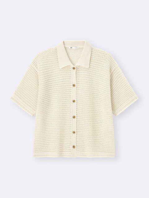 2025春guレディースセットアップ透かし編みニットシャツ