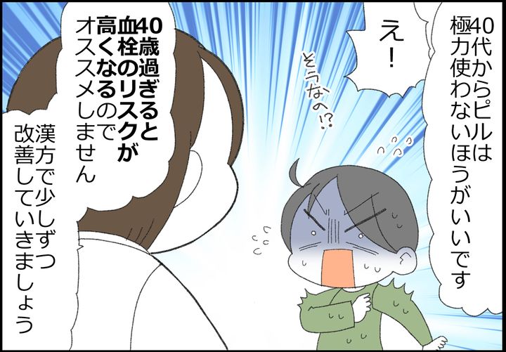 医師によるとピルは40歳過ぎると血栓のリスクが高くなるので、漢方で改善していきましょうとのこと。