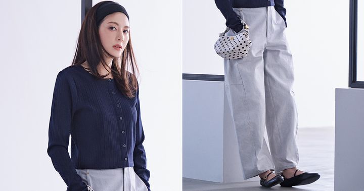 バナナリパブリックの短丈カーデとワイドデニムにメリージェーンやミニバッグを効かせたコーデの佐藤ありささん