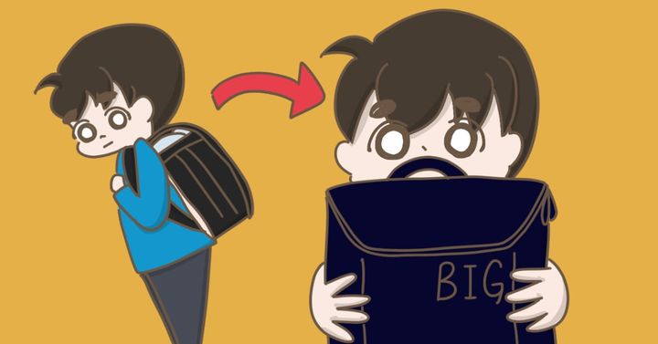 体が大きくなり、ランドセルからリュックに移行した自閉症の息子（べっこうあめアマミさん作）