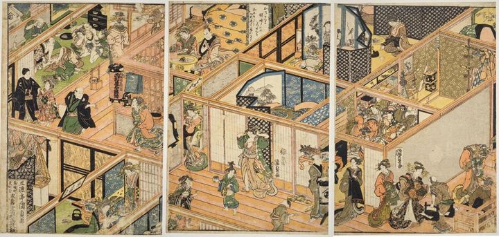 妓楼内部を俯瞰で描いた絵からは、女郎たちの仕事ぶりがよくわかる