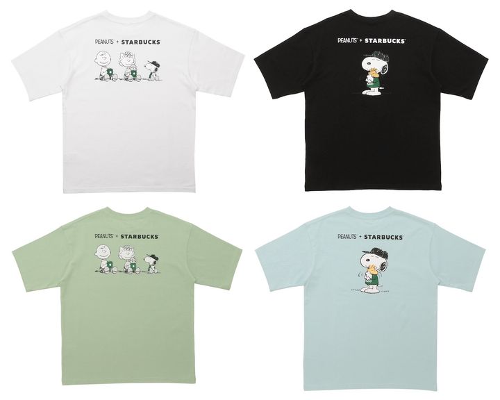 （上段左から）「PEANUTS Tシャツ ホワイト/ブラック/グリーン/ブルー」各4400円 ※TシャツはS-MとL-XLの2サイズ展開。金額は同額。