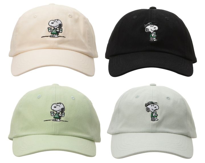 （上段左から）「 PEANUTS ベースボールキャップ ホワイト/ブラック/グリーン/ブルー」各3900円