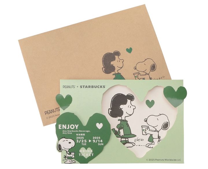 「PEANUTS ビバレッジカード ハートウィンドウ」900円 【ドリンク引き換え有効期間】2025年3月25日（火）〜2025年9月14日（日） 【ドリンク交換チケット】 700円（店内利用）、687円（持ち帰り）までのドリンクと交換可能