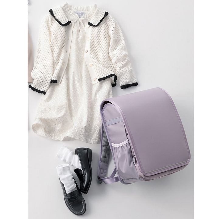 ラベンダーのランドセルに合わせた衿ワンピコーデ