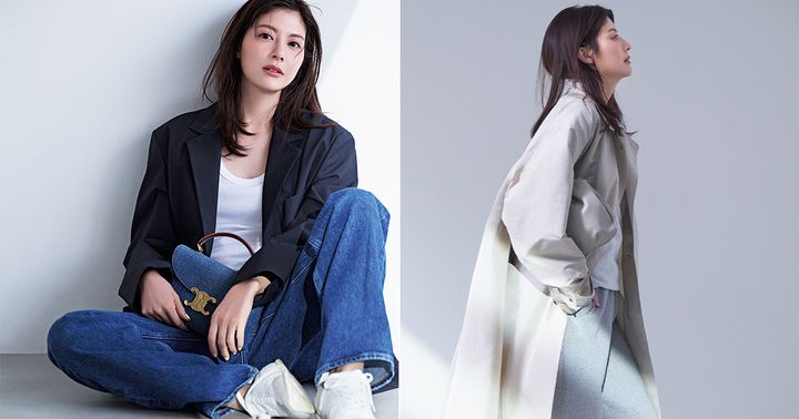 白タンクトップとデニムにジャケットを羽織ったスタイルとスウェットの上下にトレンチコートを羽織ったスタイルの佐藤ありささん