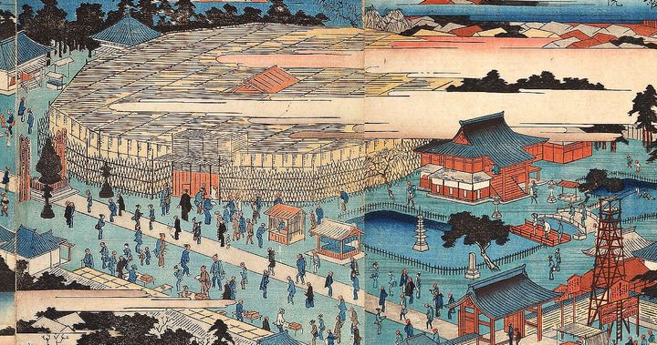 東都名所 両国回向院境内全図、よしず張りの巨大な建物が相撲小屋である。